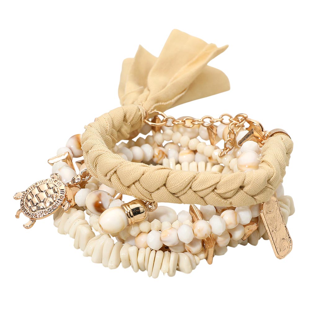 Madeline Love Neutral 6PCS - Boho Turtle Beach Theme Charm Beaded Stretch Multi Layered Bracelets - extra