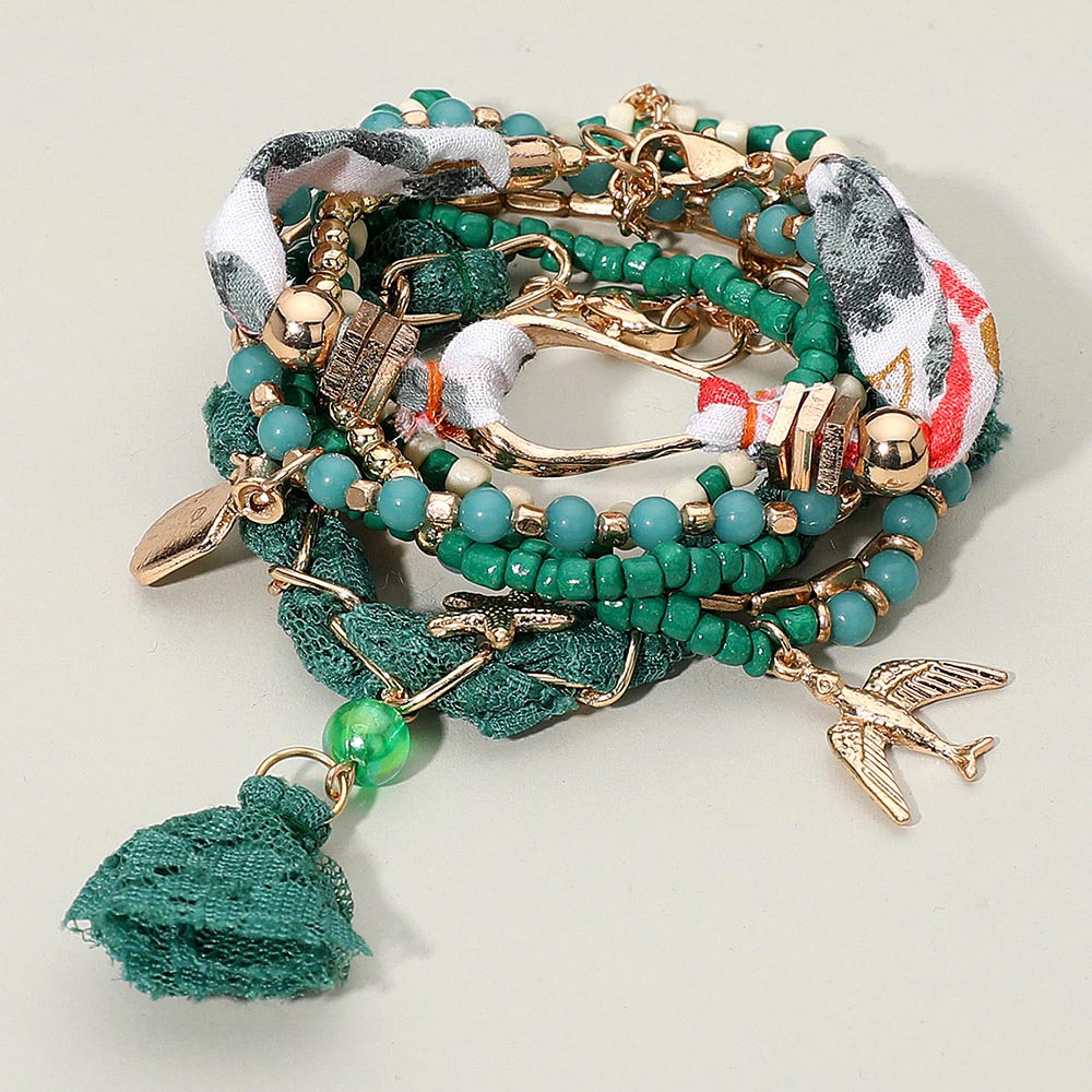 Madeline Love Green 7PCS - Boho Bird Starfish Lace Tassel Charm Beaded Stretch Multi Layered Bracelets