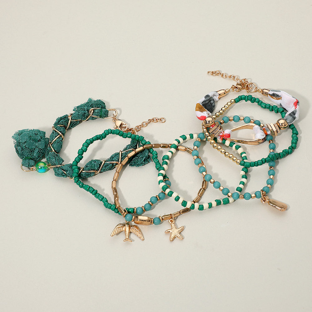 Madeline Love Green 7PCS - Boho Bird Starfish Lace Tassel Charm Beaded Stretch Multi Layered Bracelets - desc