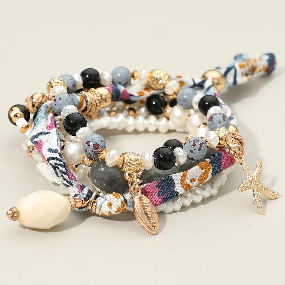 Madeline Love Multi 6PCS - Boho Sea Shell Starfish Charm Pearl Beaded Stretch Adjustable Multi Layered Bracelets
