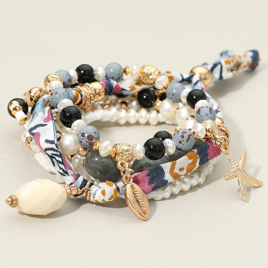 Madeline Love Multi 6PCS - Boho Sea Shell Starfish Charm Pearl Beaded Stretch Adjustable Multi Layered Bracelets