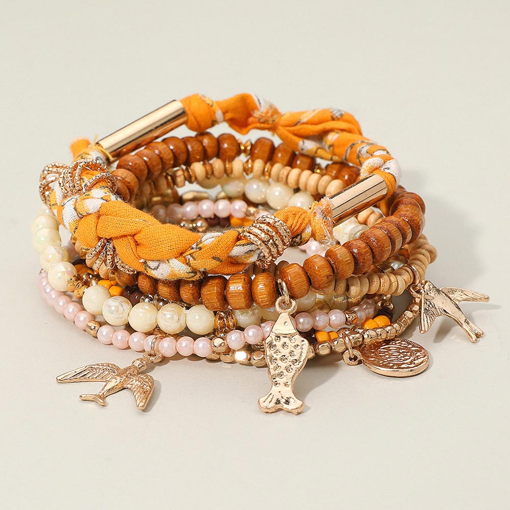 Madeline Love Yellow 8PCS - Boho Fish Bird Charm Wooden Pearl Beaded Stretch Multi Layered Bracelets