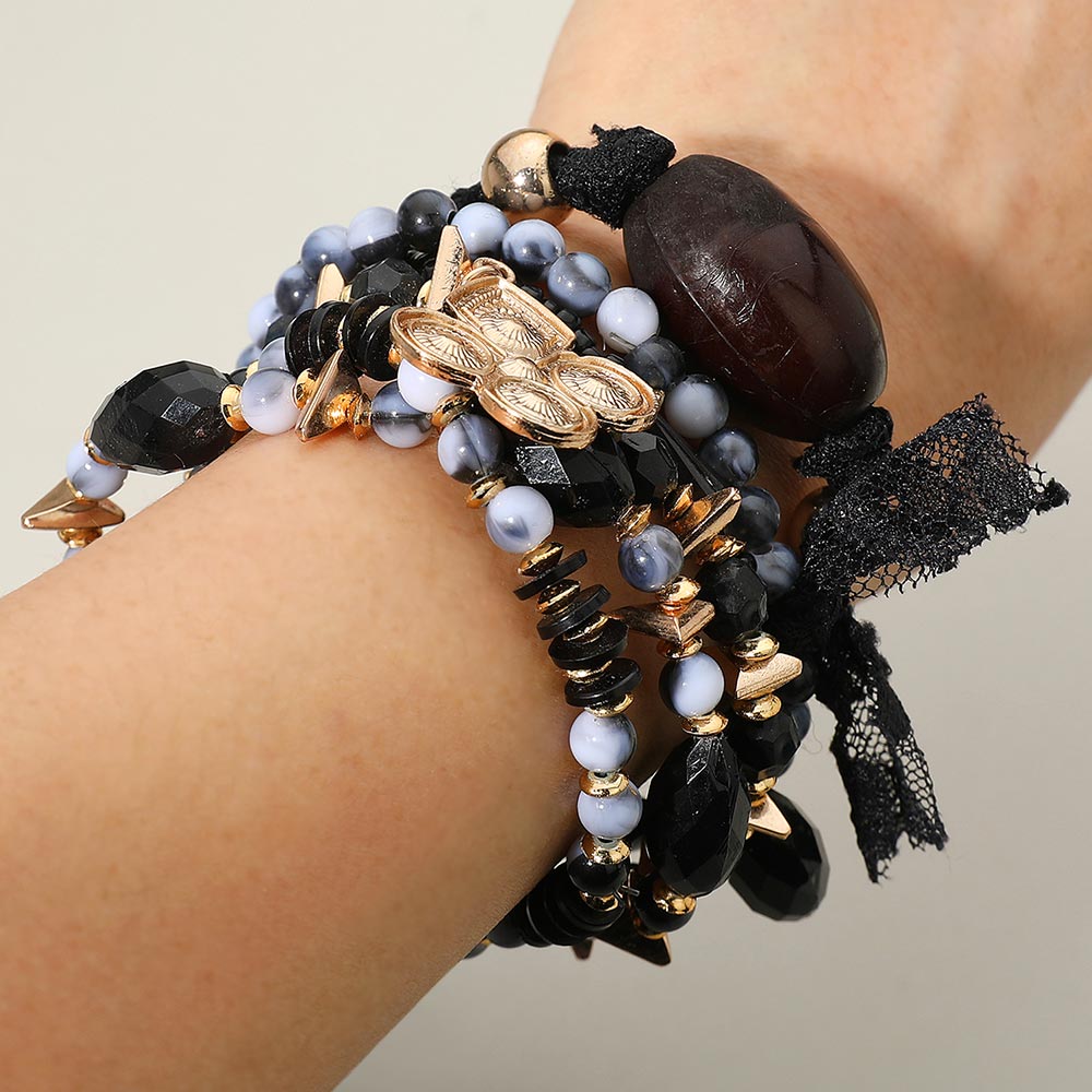 Madeline Love Black 6PCS - Boho Turtle Abstract Charm Beaded Stretch Adjustable Multi Layered Bracelets