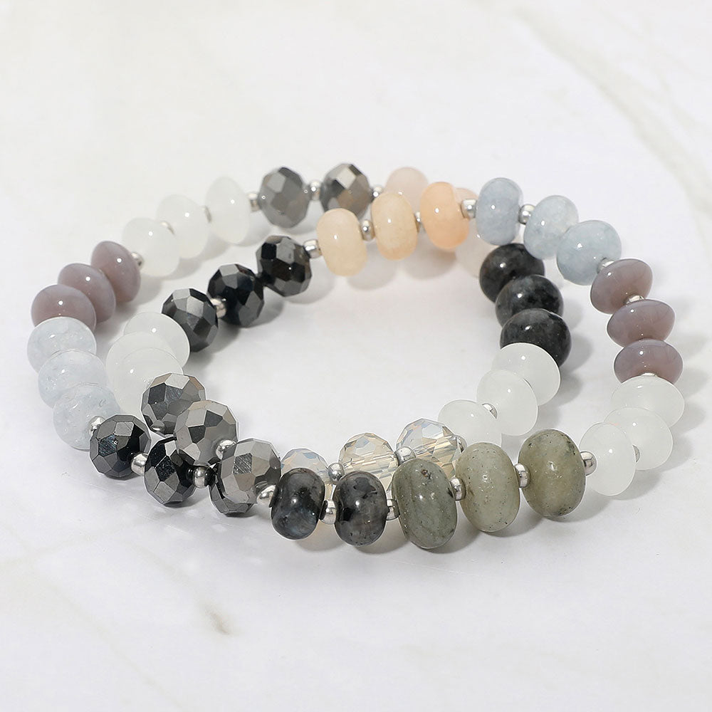 Madeline Love Gray 2PCS - Faceted Pebble Beaded Stretch Multi Layered Bracelets