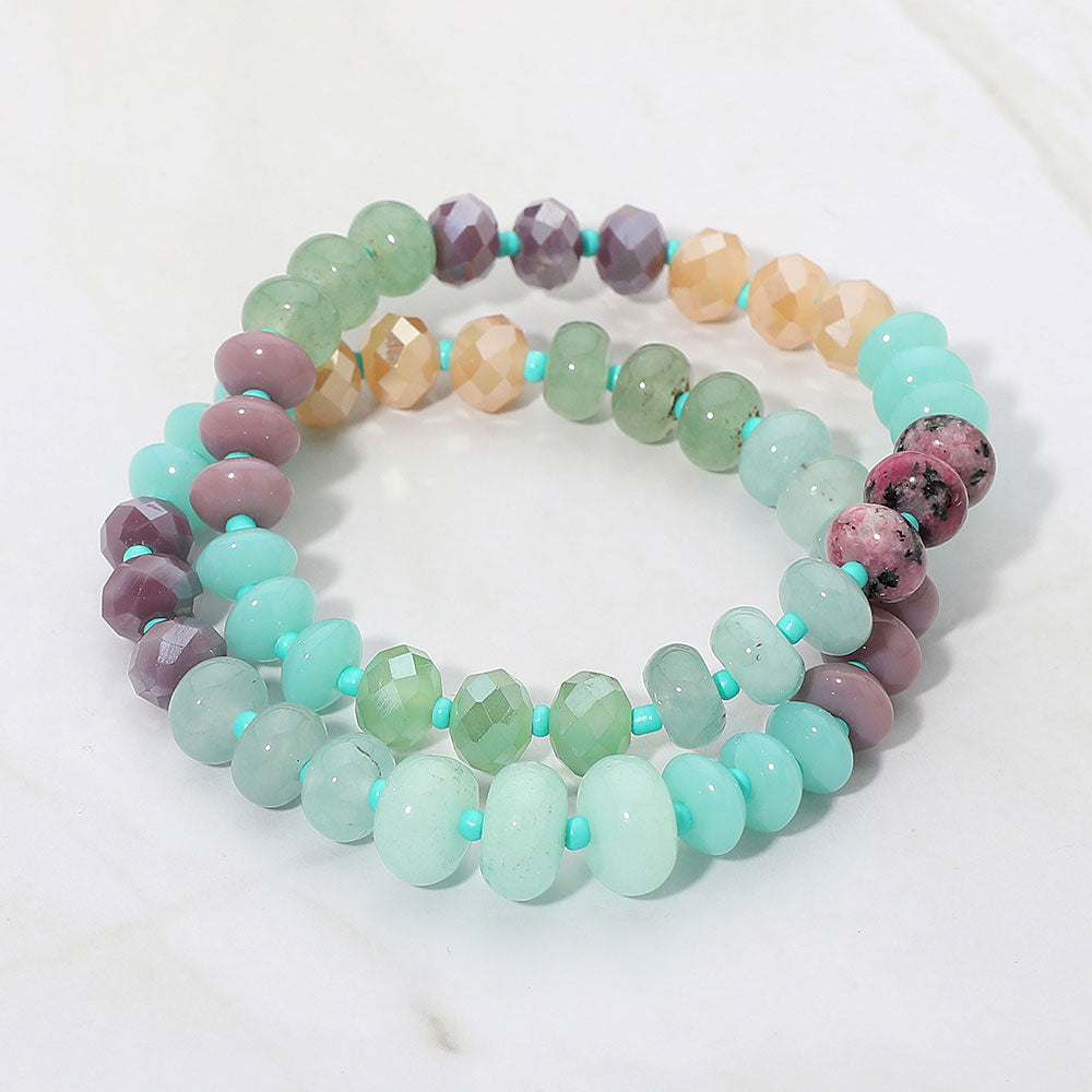 Madeline Love Multi, Turquoise 2PCS - Faceted Pebble Beaded Stretch Multi Layered Bracelets