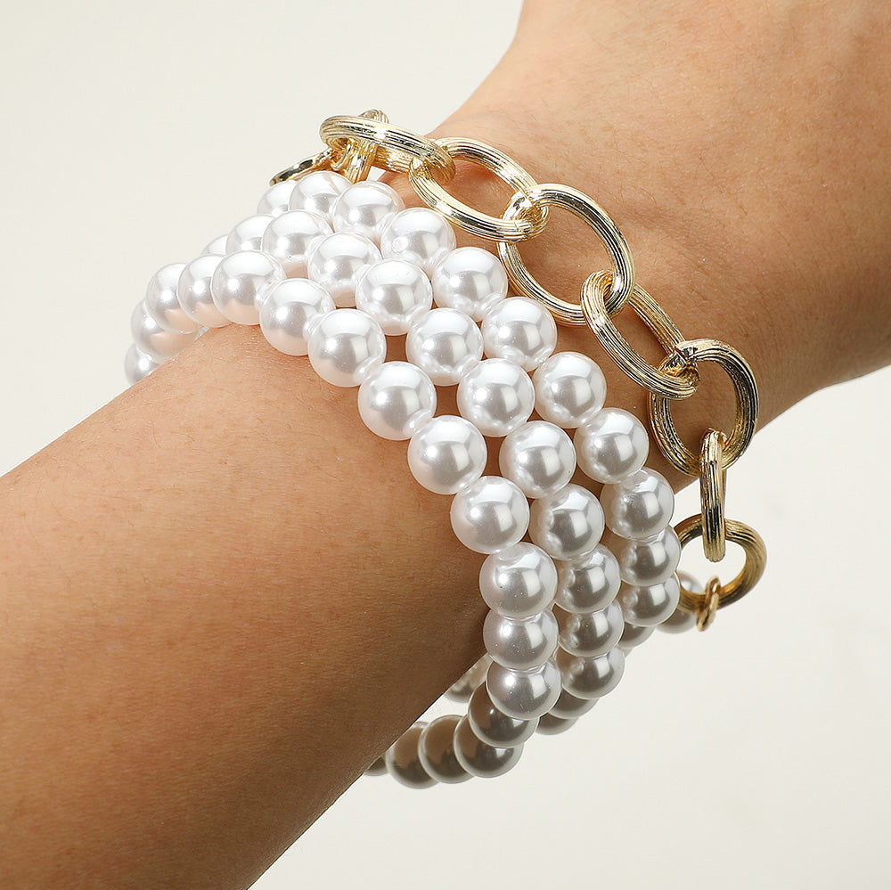 Madeline Love White 3PCS - Textured Metal Link Medal Charm Pearl Beaded Stretch Multi Layered Bracelets