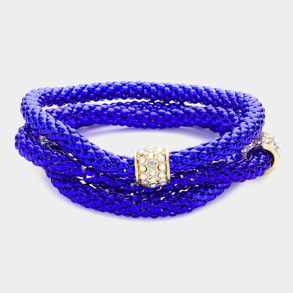 Madeline Love Blue 3PCS - Rhinestone Embellished Metal Stretch Bracelets