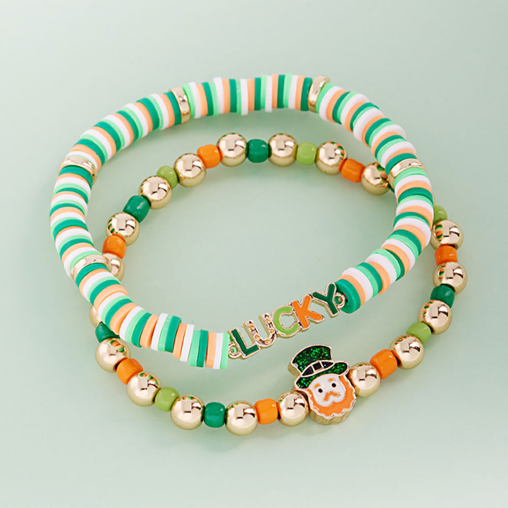 Madeline Love Gold 2PCS - St Patricks LUCKY Leprechaun Heishi Beaded Stretch Multi Layered Bracelets