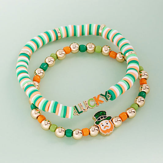 Madeline Love Gold 2PCS - St Patricks LUCKY Leprechaun Heishi Beaded Stretch Multi Layered Bracelets