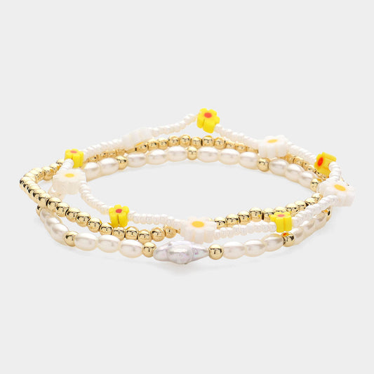 Madeline Love Mother of Pearl, Multi 3PCS - Mother Of Pearl Flower Quatrefoil Pointed Beaded Multi Layered Bracelets