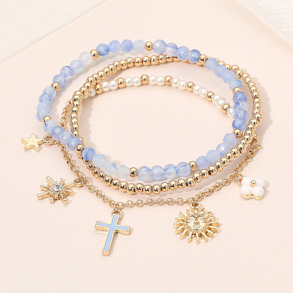 Madeline Love Blue, Gold 3PCS - Cross Flower Star Sunburst Charm Pearl Metal Ball Faceted Beaded Stretch Multi Layered Bracelets