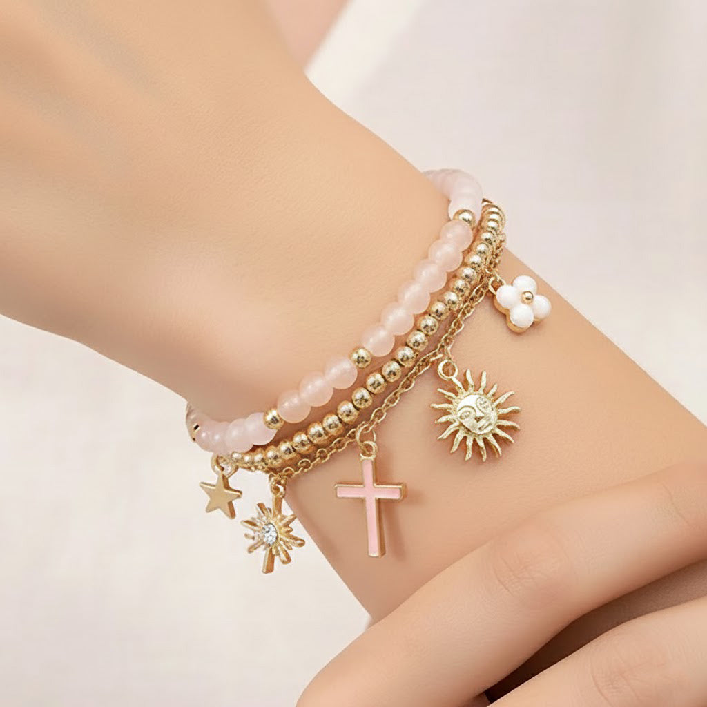 Madeline Love Gold, Pink 3PCS - Cross Flower Star Sunburst Charm Pearl Metal Ball Faceted Beaded Stretch Multi Layered Bracelets