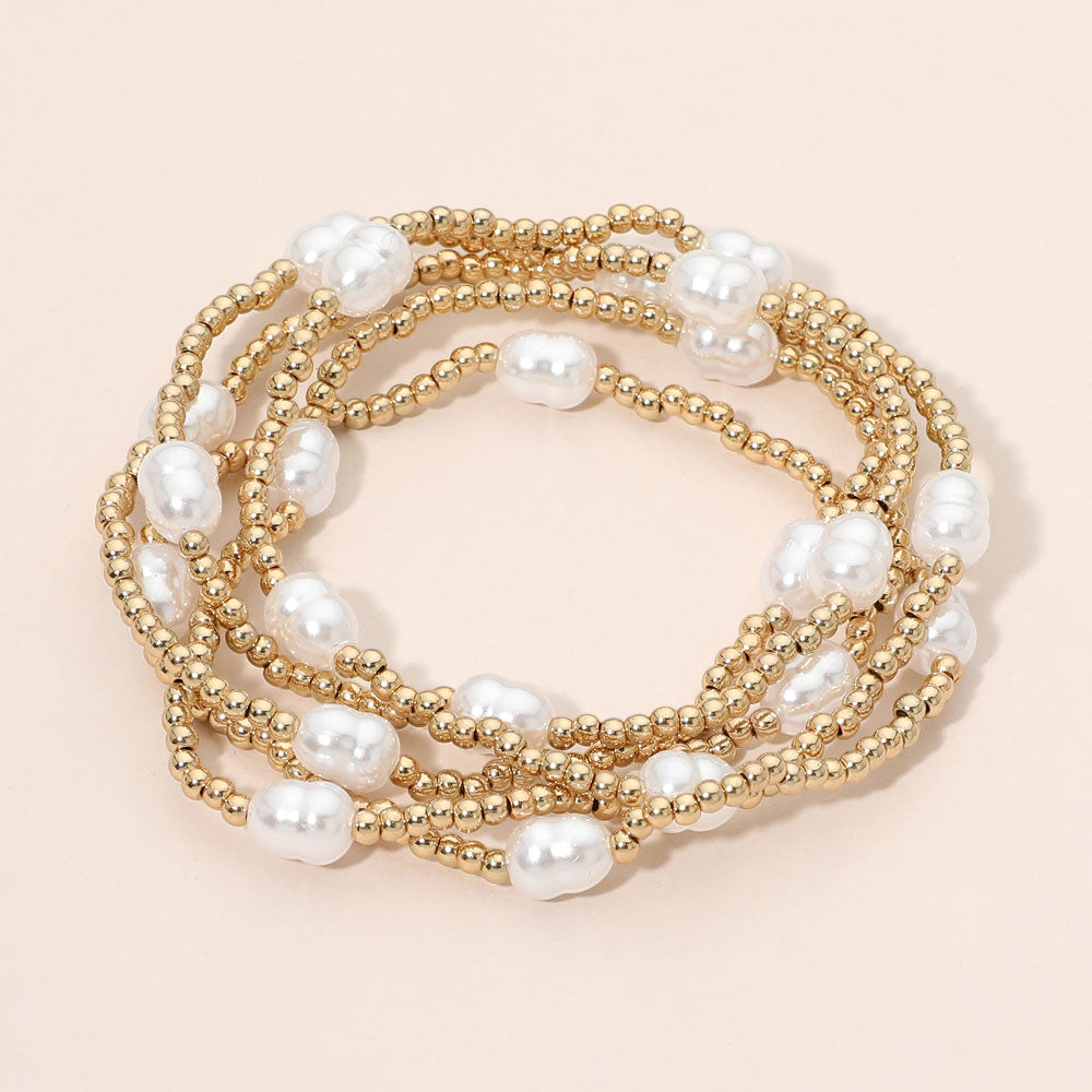 Madeline Love Cream, Gold Pearl Station Beaded Stretch Multi Layered Bracelets