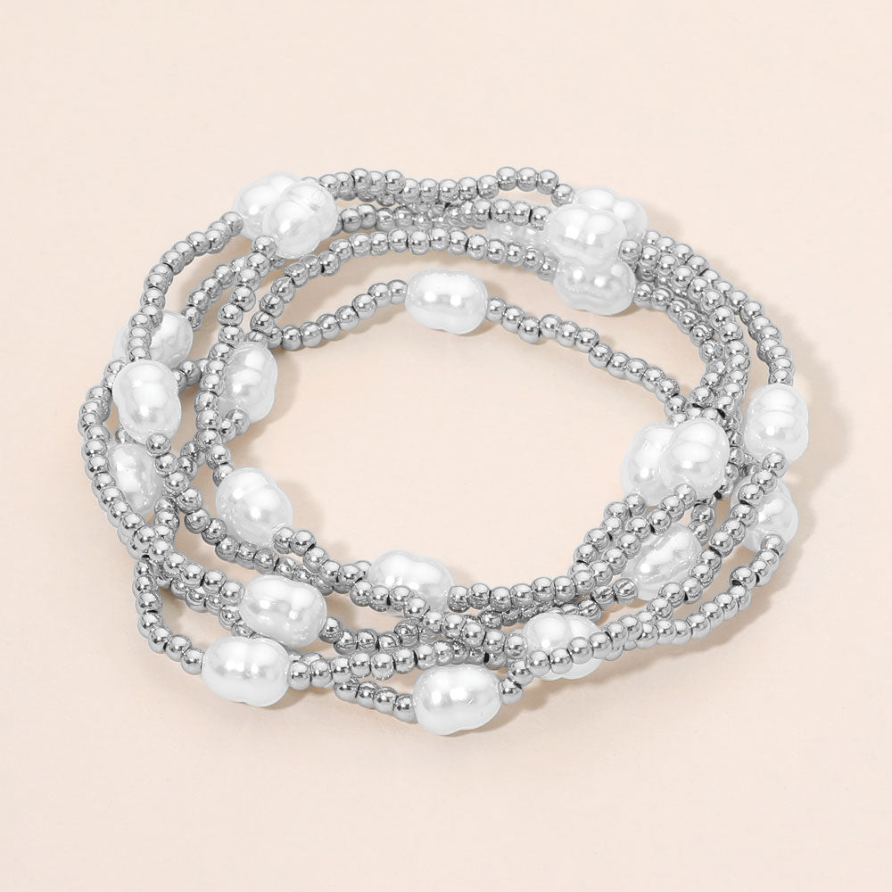 Madeline Love Cream, Rhodium Pearl Station Beaded Stretch Multi Layered Bracelets