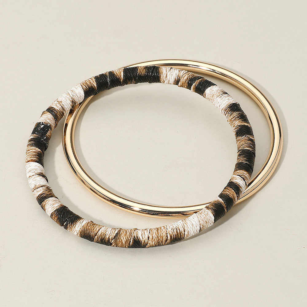 Madeline Love Beige, Gold 2PCS - Metal Leopard Fabric Covered Bangle Layered Bracelets