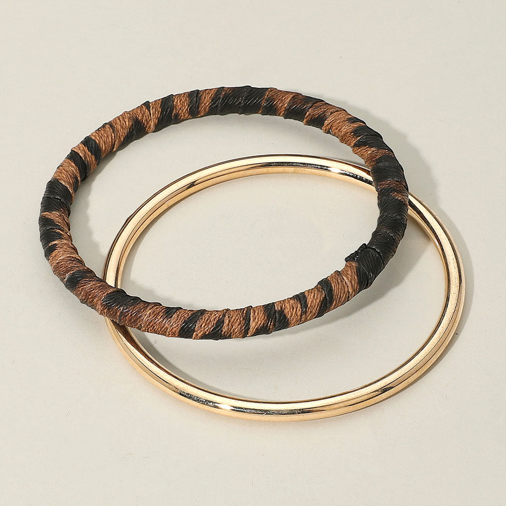 Madeline Love Brown, Gold 2PCS - Metal Leopard Fabric Covered Bangle Layered Bracelets