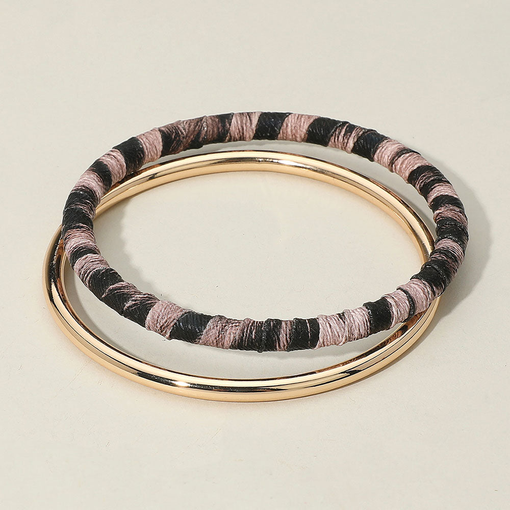 Madeline Love Gold, Pink 2PCS - Metal Leopard Fabric Covered Bangle Layered Bracelets
