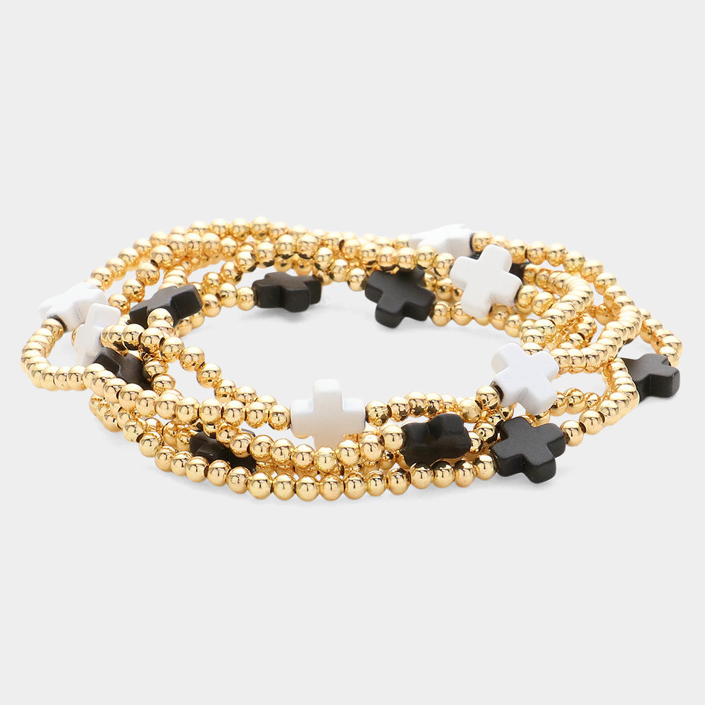 Madeline Love Black, White 5PCS - Cross Pointed Metal Ball Beaded Stretch Multi Layered Bracelets