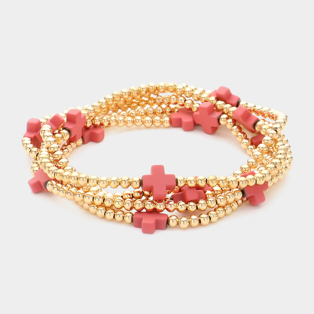 Madeline Love Pink 5PCS - Cross Pointed Metal Ball Beaded Stretch Multi Layered Bracelets