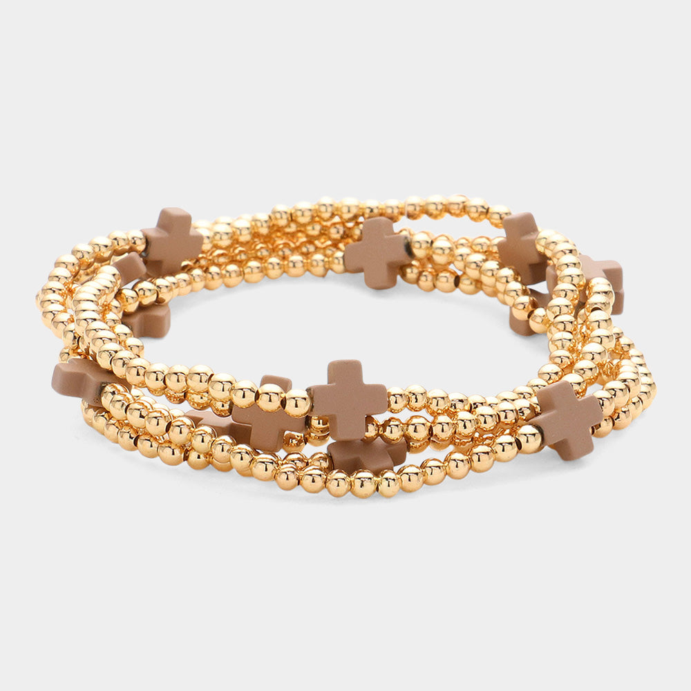 Madeline Love Brown 5PCS - Cross Pointed Metal Ball Beaded Stretch Multi Layered Bracelets