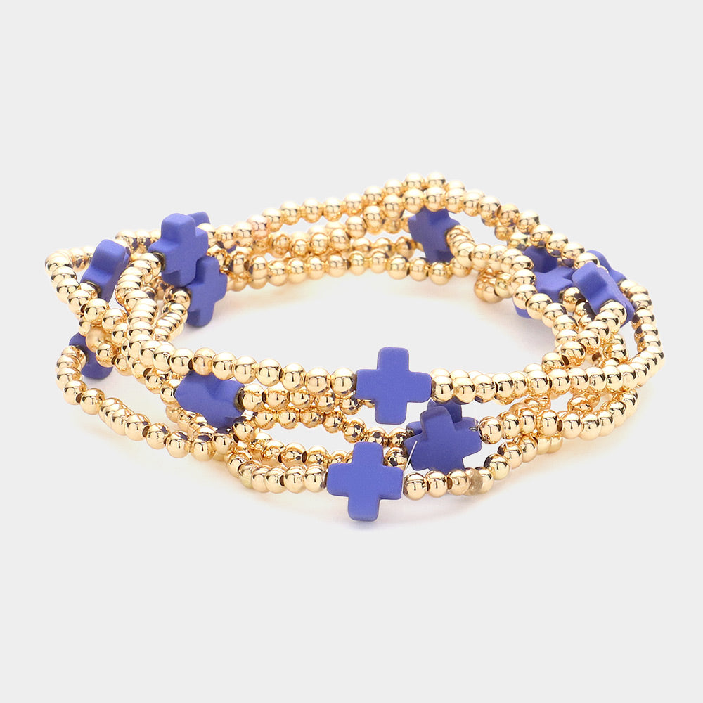 Madeline Love Blue 5PCS - Cross Pointed Metal Ball Beaded Stretch Multi Layered Bracelets