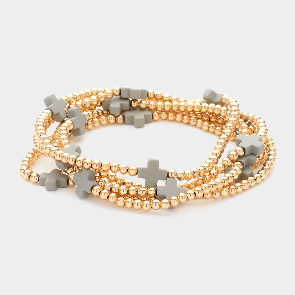 Madeline Love Gray 5PCS - Cross Pointed Metal Ball Beaded Stretch Multi Layered Bracelets