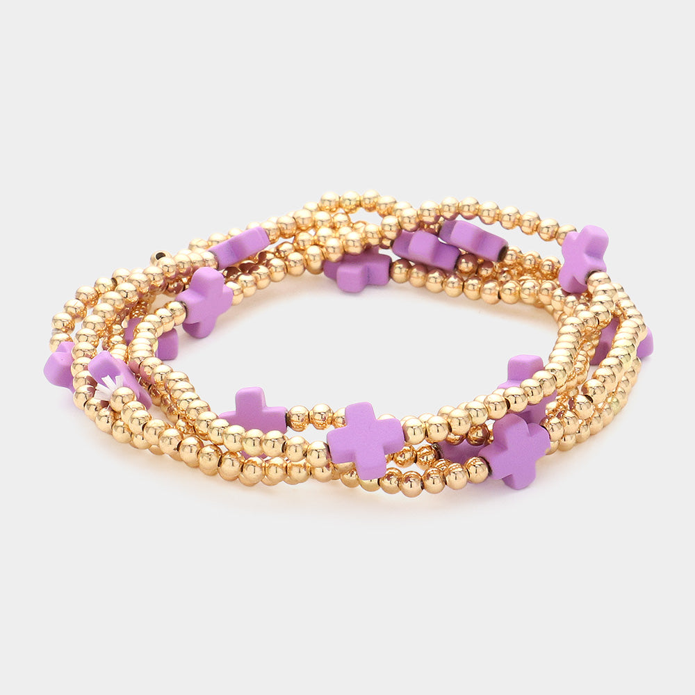 Madeline Love Lavender 5PCS - Cross Pointed Metal Ball Beaded Stretch Multi Layered Bracelets