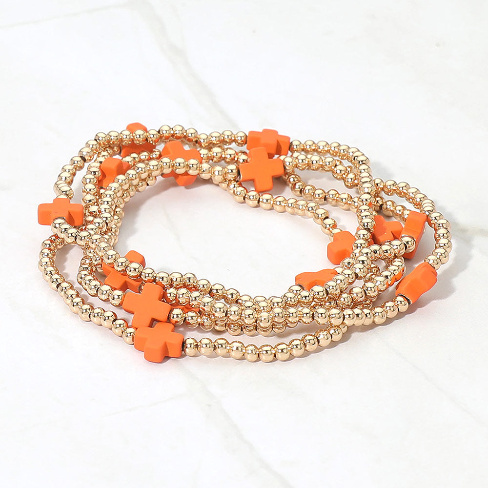 Madeline Love Orange 5PCS - Cross Pointed Metal Ball Beaded Stretch Multi Layered Bracelets