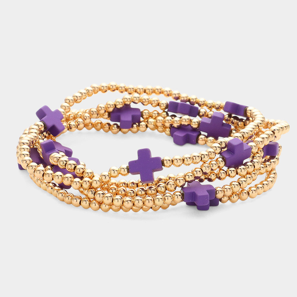 Madeline Love Purple 5PCS - Cross Pointed Metal Ball Beaded Stretch Multi Layered Bracelets