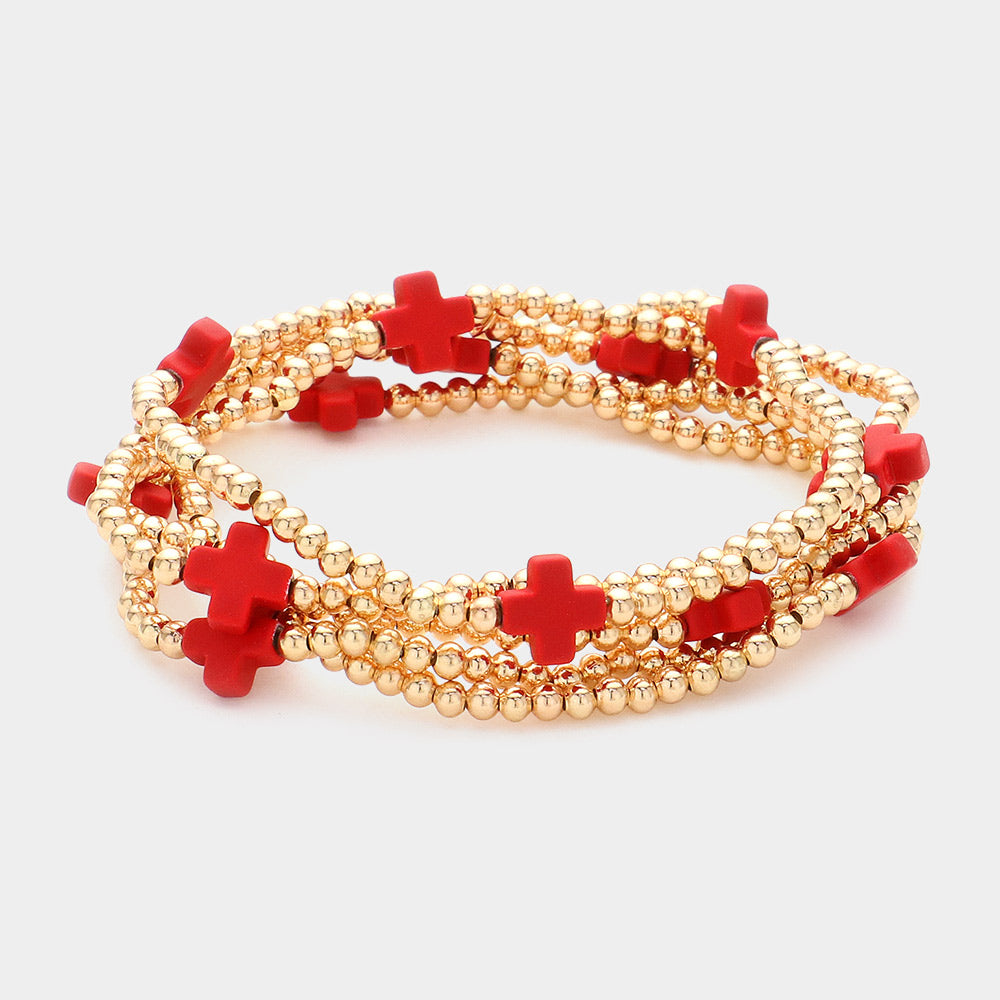 Madeline Love Red 5PCS - Cross Pointed Metal Ball Beaded Stretch Multi Layered Bracelets