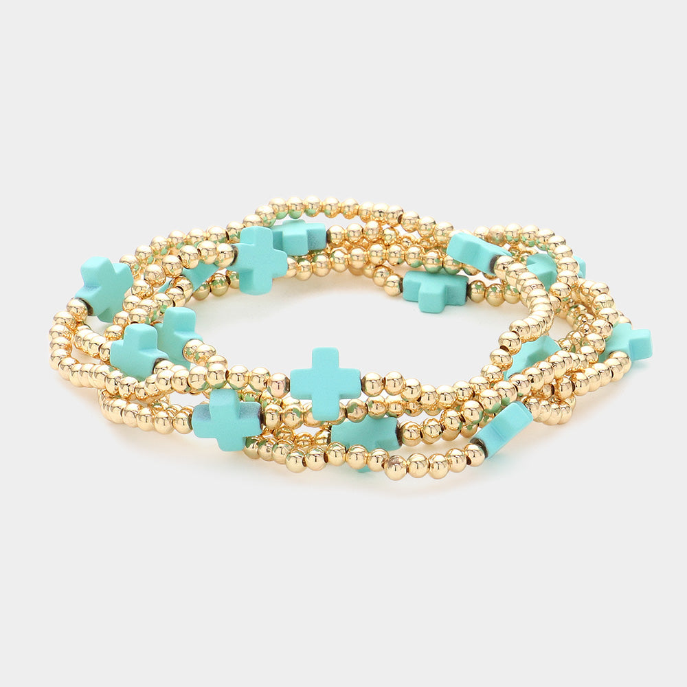 Madeline Love Gold, Turquoise 5PCS - Cross Pointed Metal Ball Beaded Stretch Multi Layered Bracelets