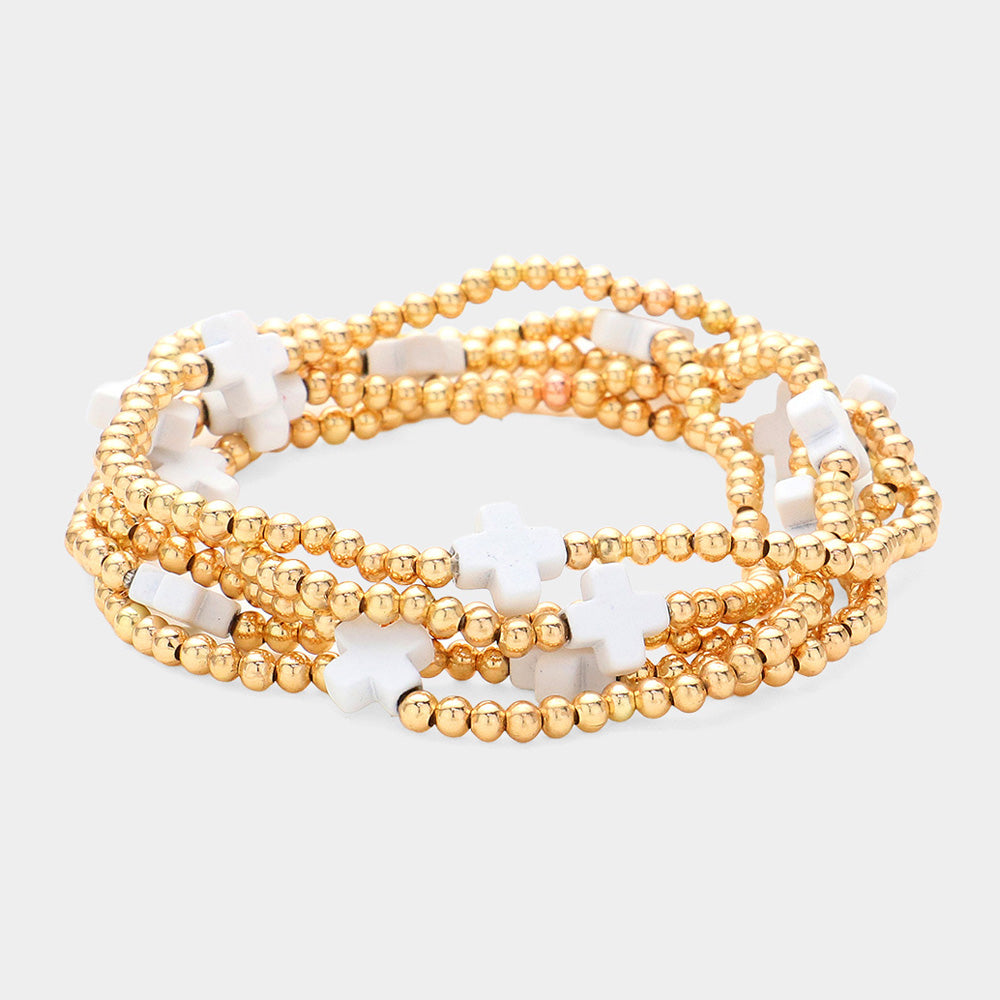 Madeline Love White 5PCS - Cross Pointed Metal Ball Beaded Stretch Multi Layered Bracelets