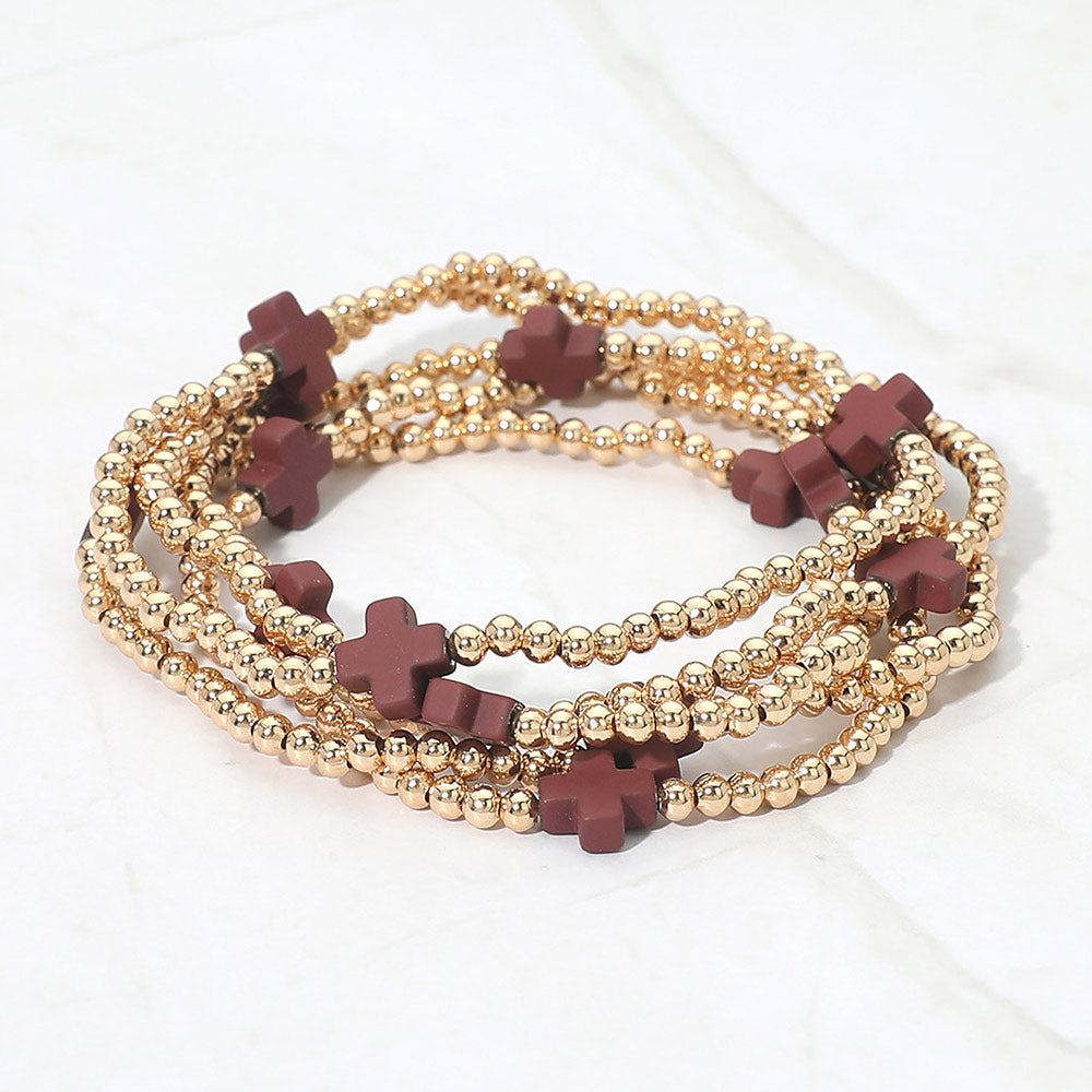 Madeline Love Wine 5PCS - Cross Pointed Metal Ball Beaded Stretch Multi Layered Bracelets