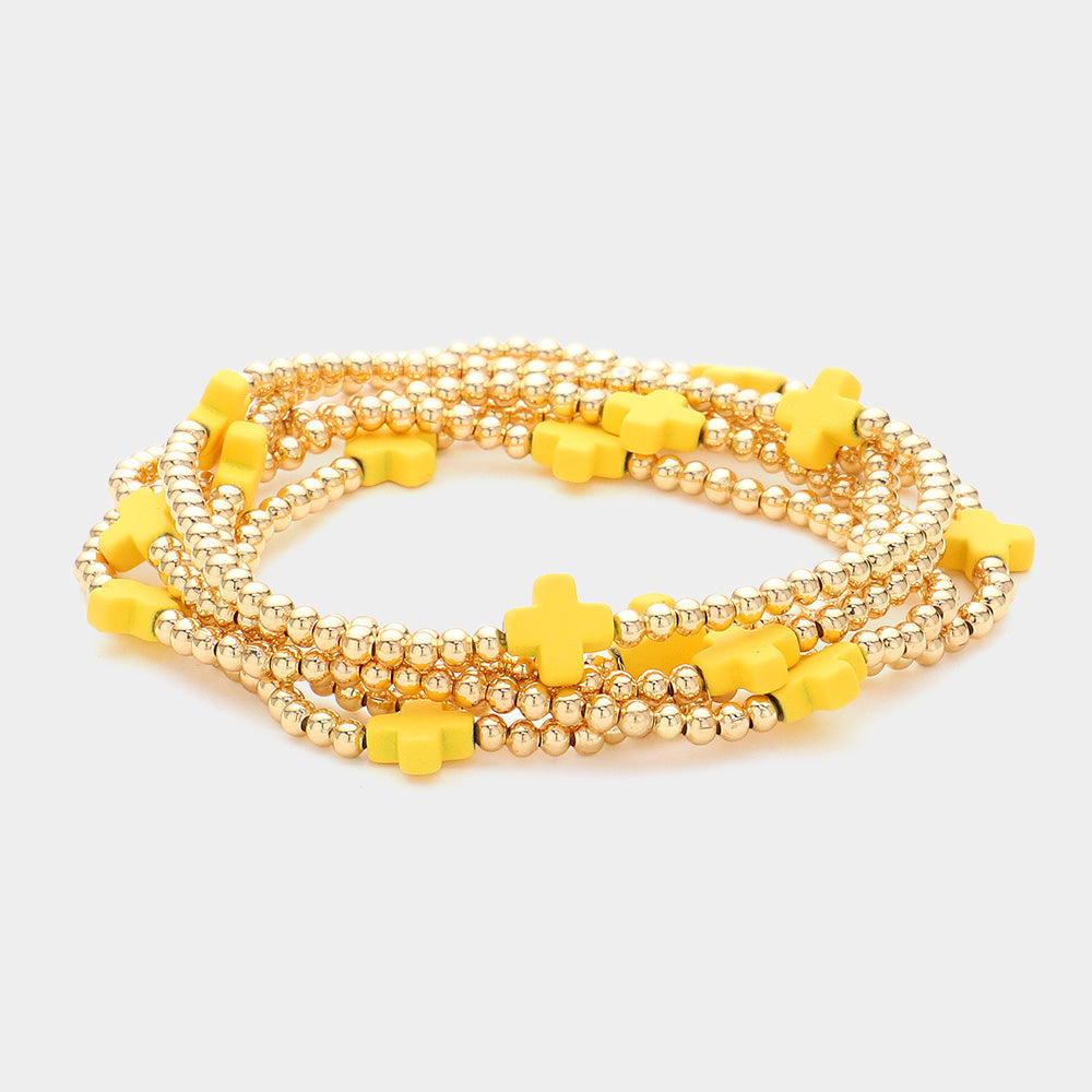Madeline Love Yellow 5PCS - Cross Pointed Metal Ball Beaded Stretch Multi Layered Bracelets