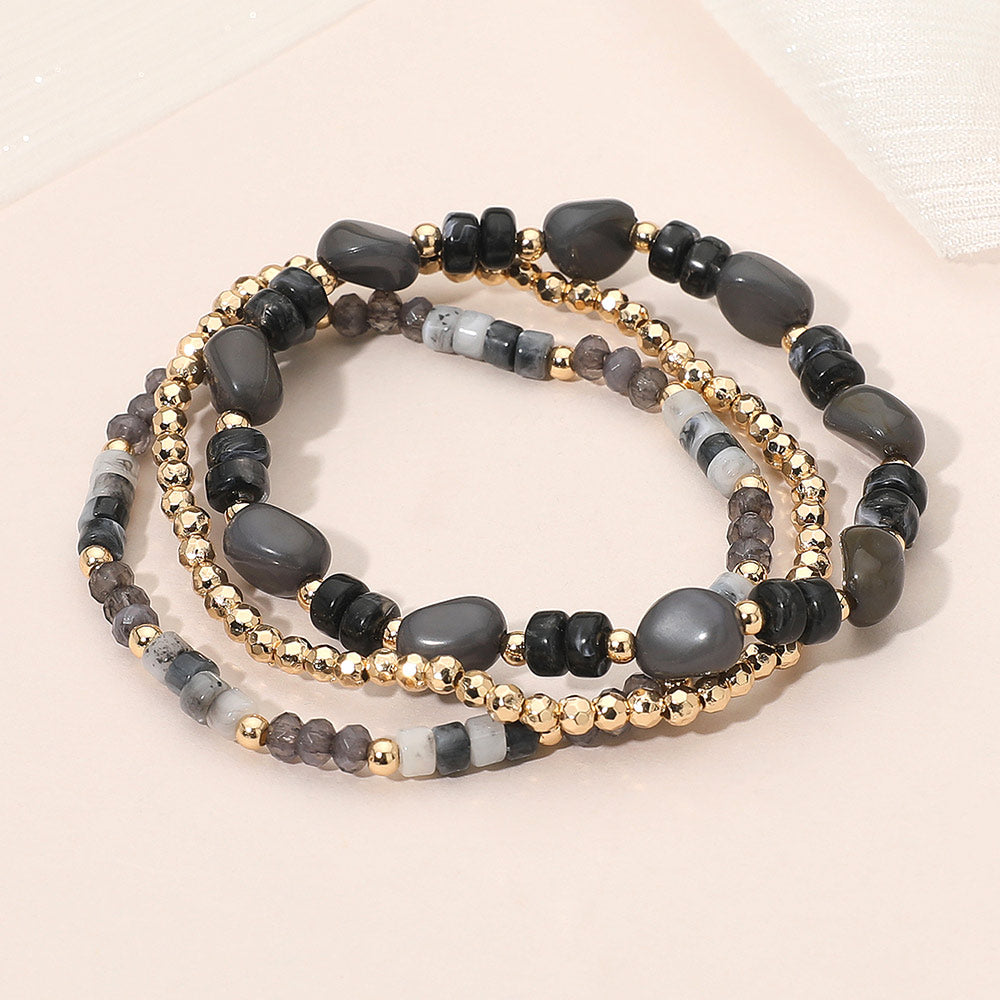 Madeline Love Black, Gold 3PCS - Resin Pebble Metal Ball Beaded Stretch Multi Layered Bracelets