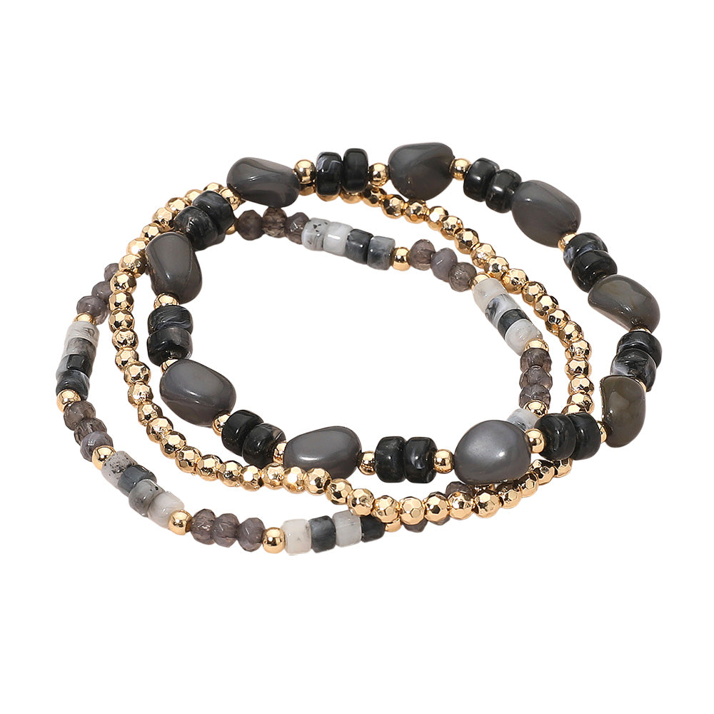 Madeline Love Black, Gold 3PCS - Resin Pebble Metal Ball Beaded Stretch Multi Layered Bracelets - desc