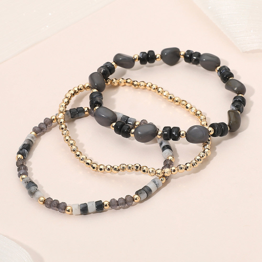 Madeline Love Black, Gold 3PCS - Resin Pebble Metal Ball Beaded Stretch Multi Layered Bracelets - extra