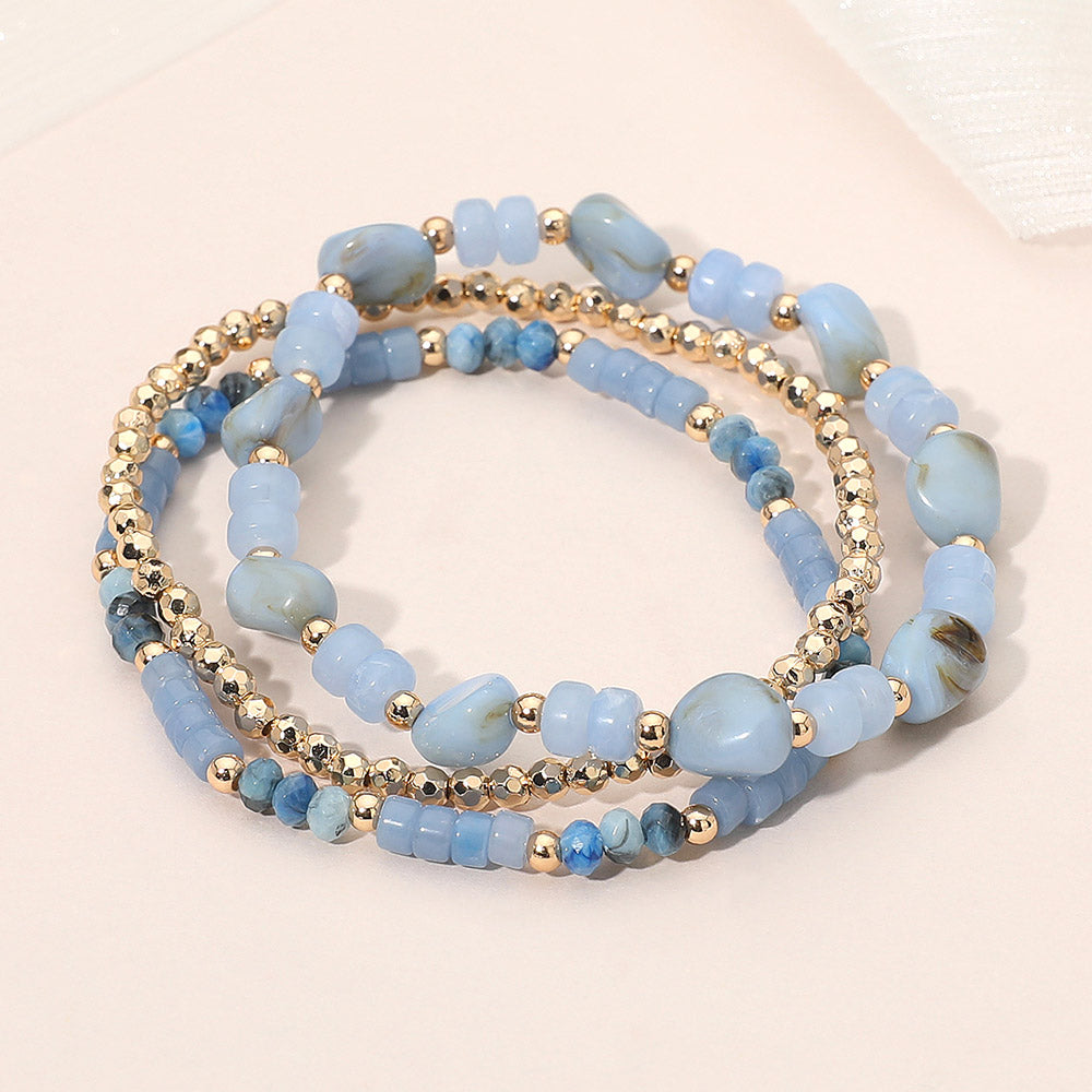 Madeline Love Blue, Gold 3PCS - Resin Pebble Metal Ball Beaded Stretch Multi Layered Bracelets