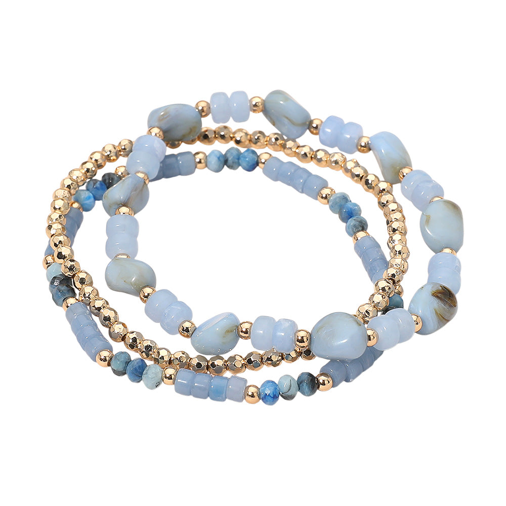 Madeline Love Blue, Gold 3PCS - Resin Pebble Metal Ball Beaded Stretch Multi Layered Bracelets - desc