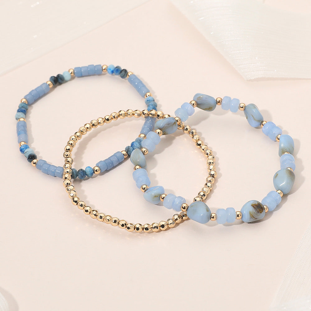 Madeline Love Blue, Gold 3PCS - Resin Pebble Metal Ball Beaded Stretch Multi Layered Bracelets - extra