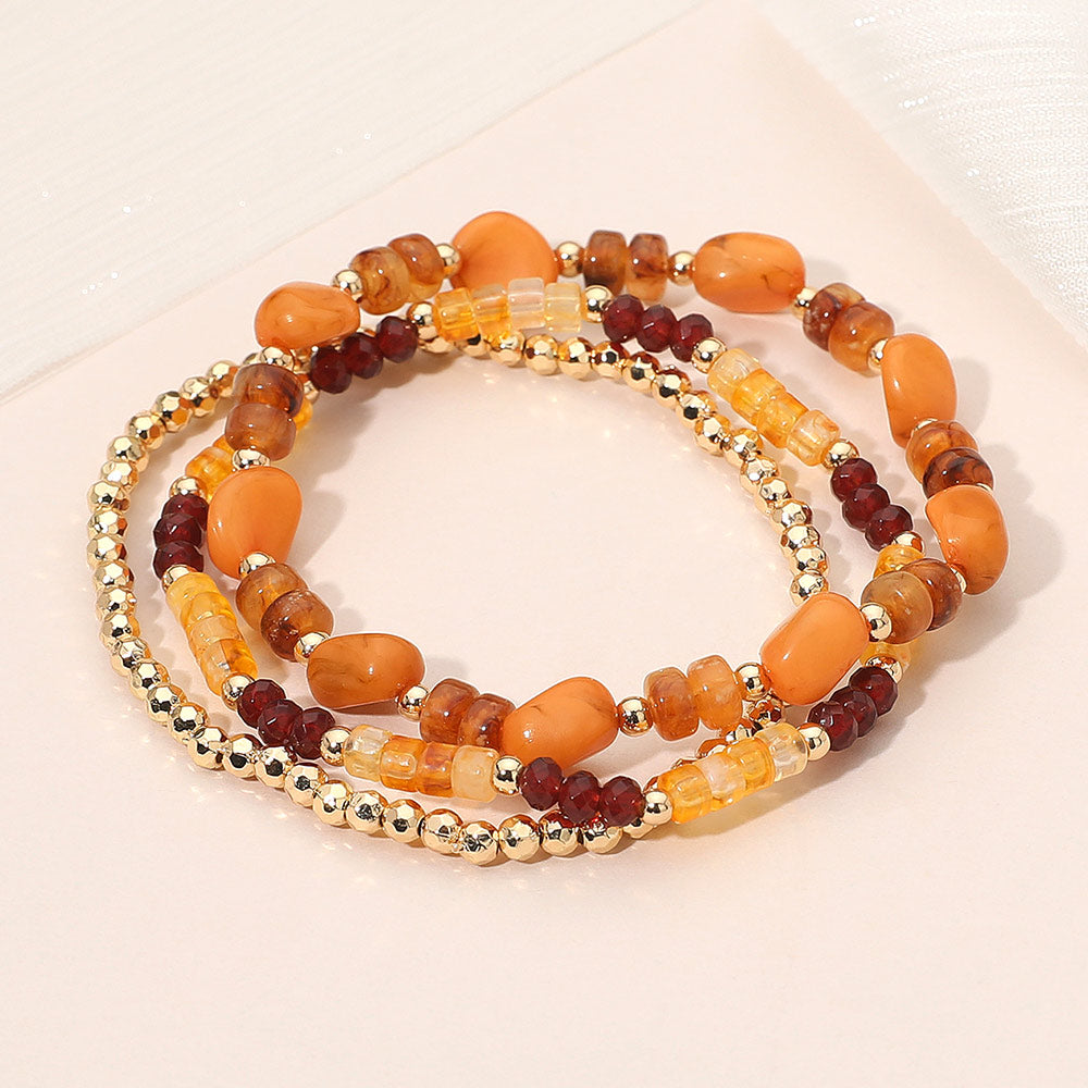 Madeline Love Brown, Gold 3PCS - Resin Pebble Metal Ball Beaded Stretch Multi Layered Bracelets