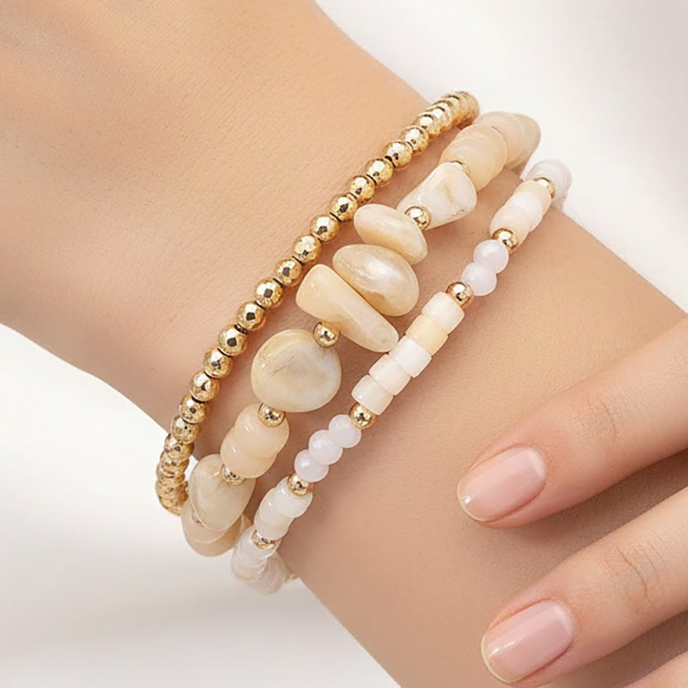 Madeline Love Gold, Ivory 3PCS - Resin Pebble Metal Ball Beaded Stretch Multi Layered Bracelets