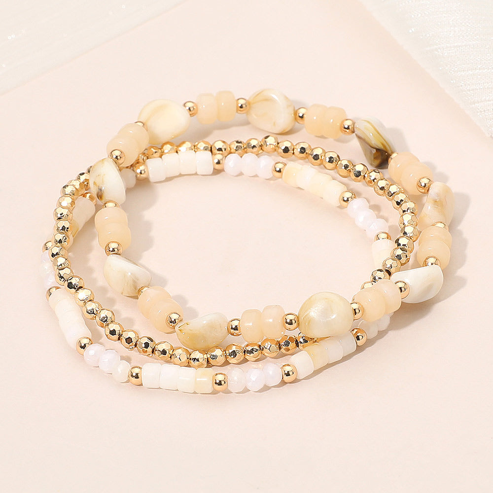 Madeline Love Gold, Ivory 3PCS - Resin Pebble Metal Ball Beaded Stretch Multi Layered Bracelets - desc