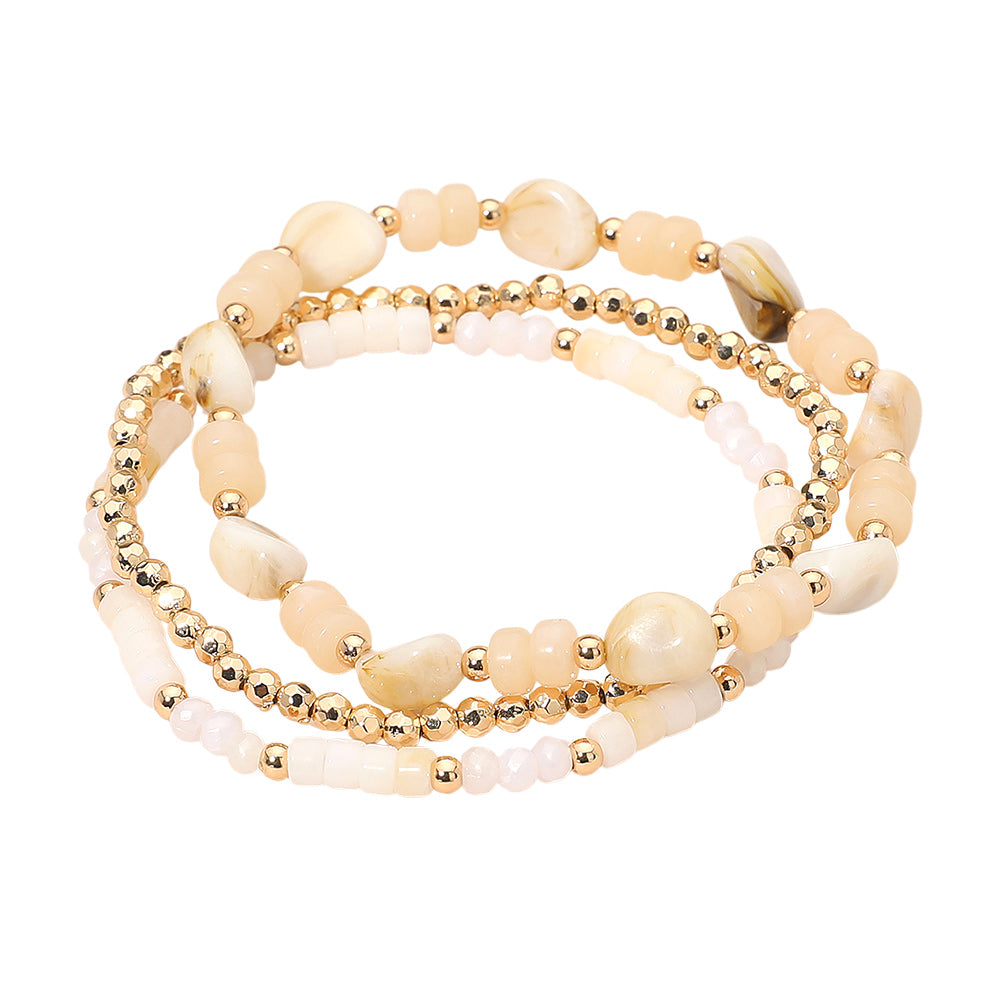 Madeline Love Gold, Ivory 3PCS - Resin Pebble Metal Ball Beaded Stretch Multi Layered Bracelets - extra