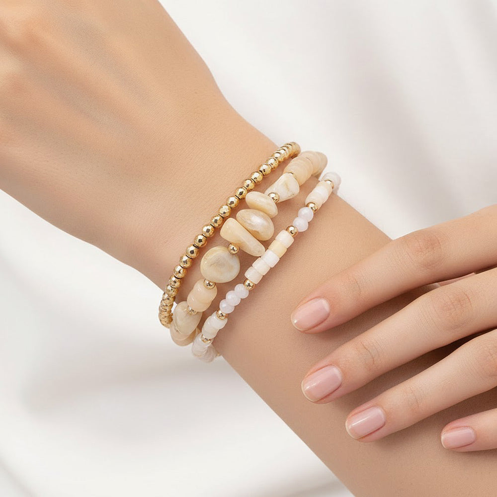 Madeline Love Gold, Ivory 3PCS - Resin Pebble Metal Ball Beaded Stretch Multi Layered Bracelets - extra