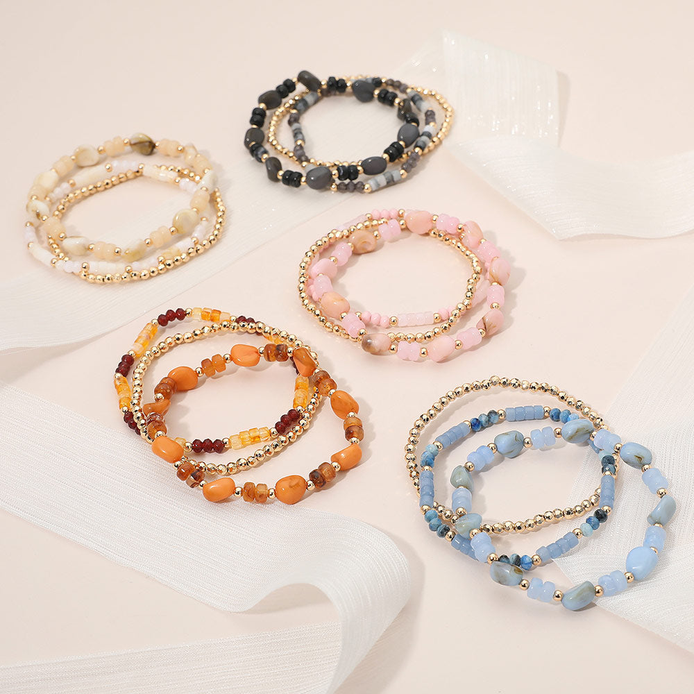 Madeline Love Gold, Ivory 3PCS - Resin Pebble Metal Ball Beaded Stretch Multi Layered Bracelets - extra