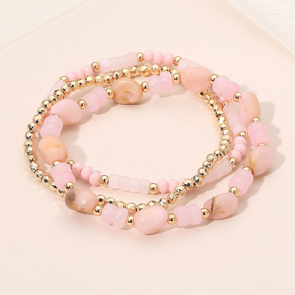 Madeline Love Gold, Pink 3PCS - Resin Pebble Metal Ball Beaded Stretch Multi Layered Bracelets