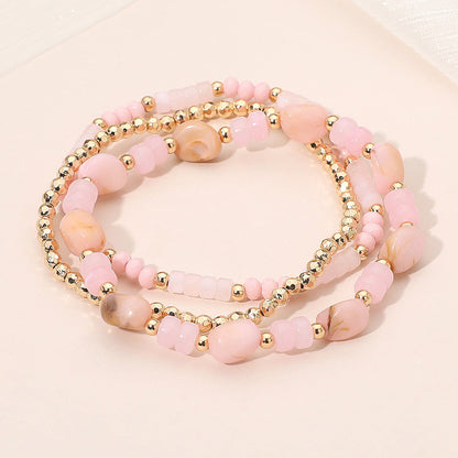 Madeline Love Gold, Pink 3PCS - Resin Pebble Metal Ball Beaded Stretch Multi Layered Bracelets