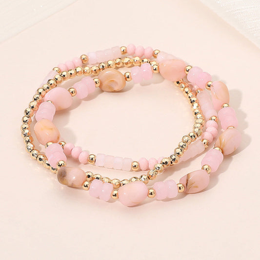 Madeline Love Gold, Pink 3PCS - Resin Pebble Metal Ball Beaded Stretch Multi Layered Bracelets