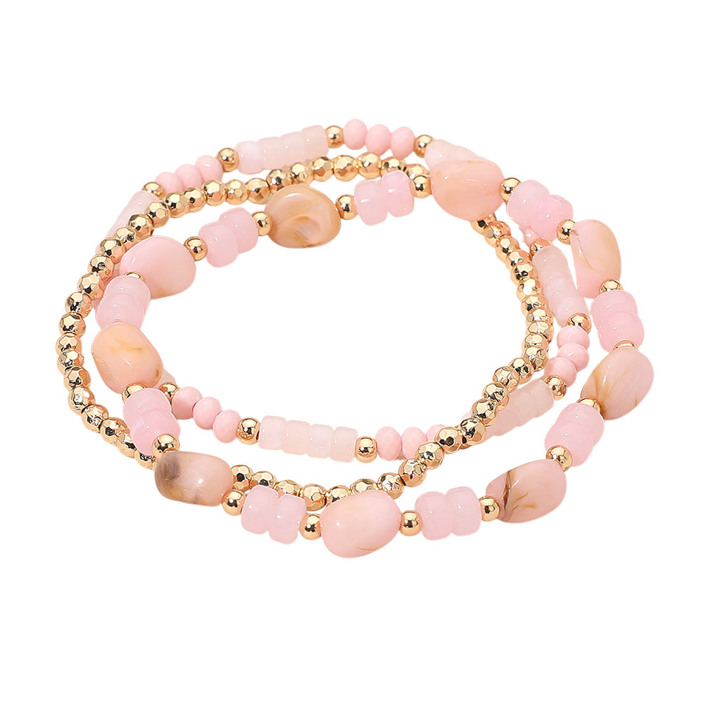 Madeline Love Gold, Pink 3PCS - Resin Pebble Metal Ball Beaded Stretch Multi Layered Bracelets - desc